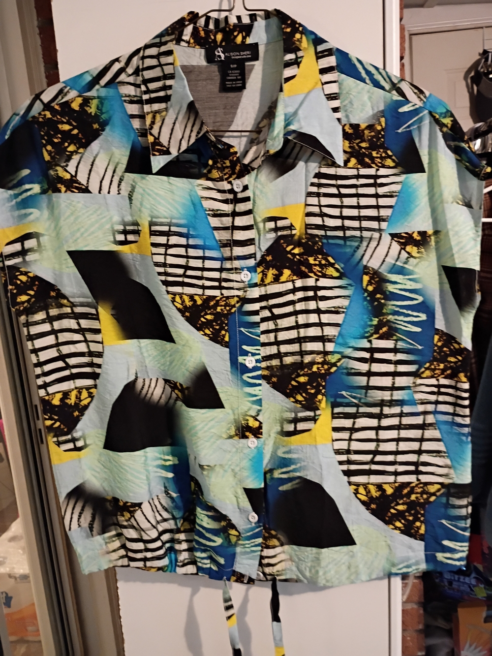 Abstract Geometric Print Button-Down Shirt in Blue & Yellow by Alfani
